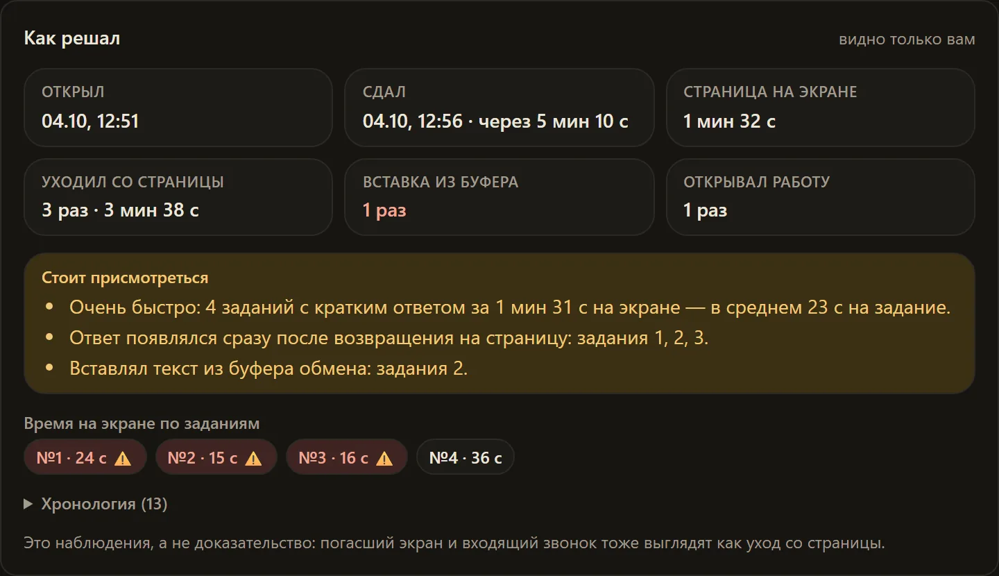 Блок «Как решал» на странице работы ученика