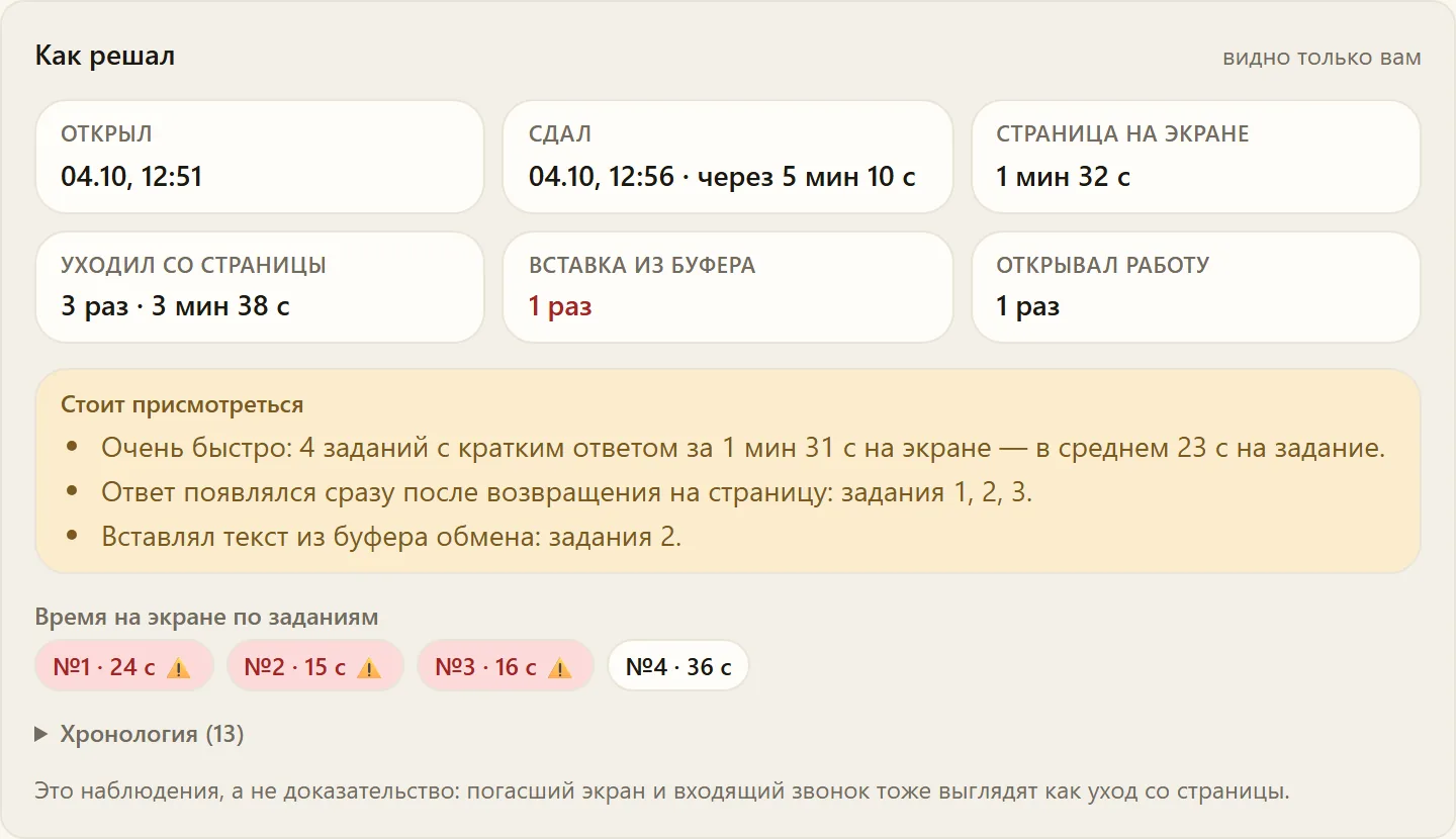 Блок «Как решал» на странице работы ученика